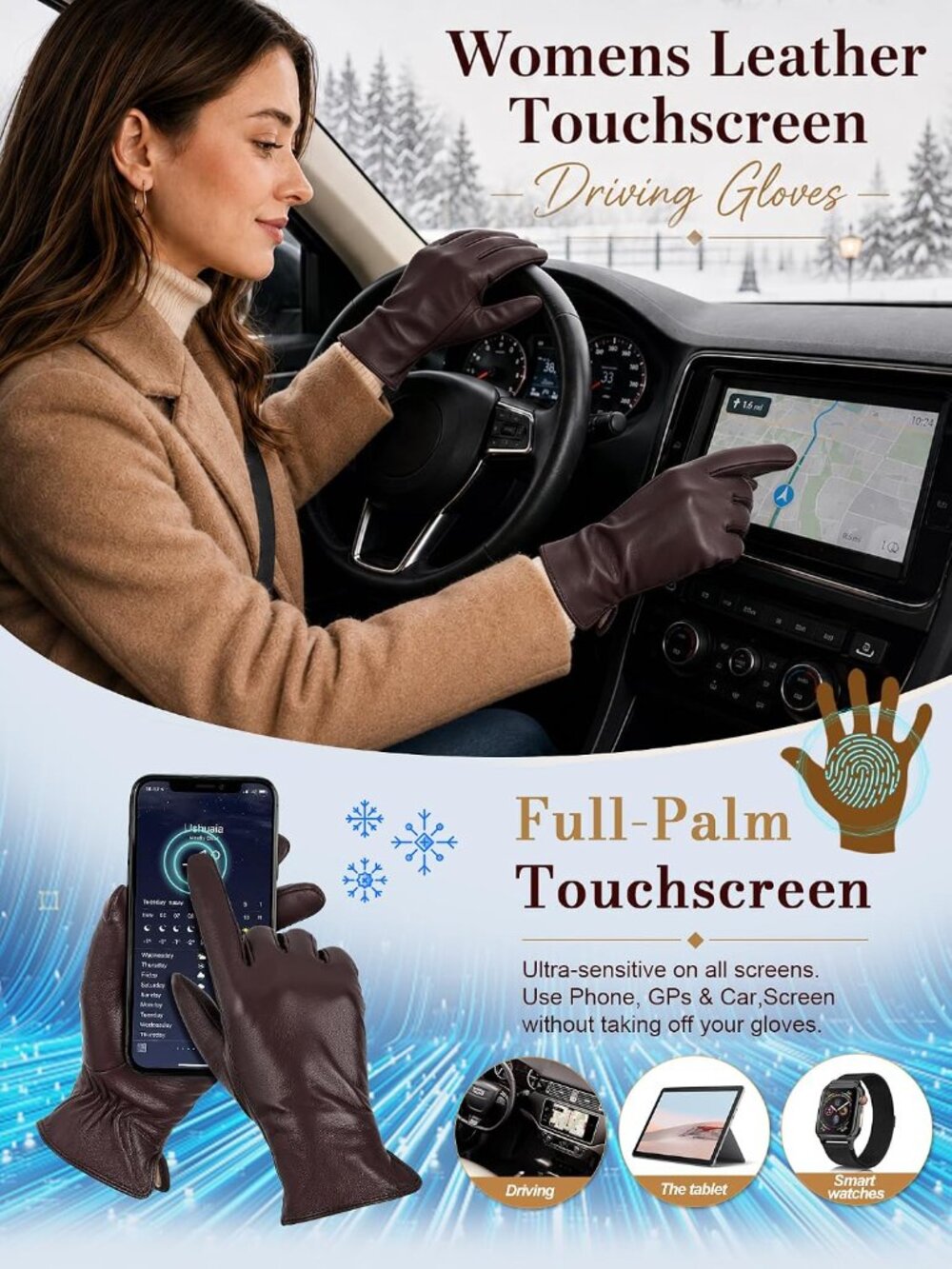 Women's Brown Touchscreen Winter Wool Cashmere Lined Sheepskin Leather Gloves - Picture 3 of 6